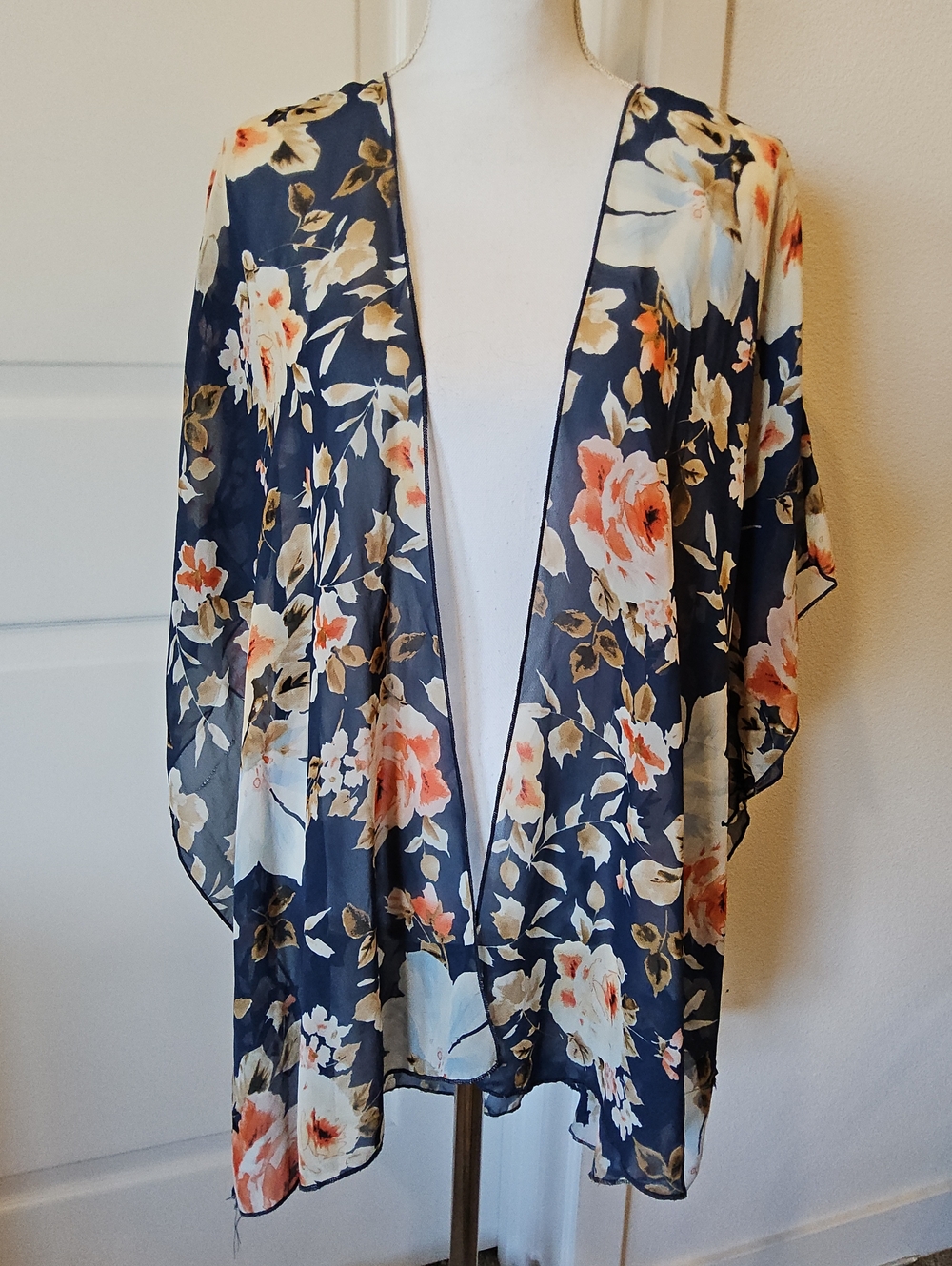 Emory Park Navy Sheer Floral Kimono with Gold and Cream Blooms